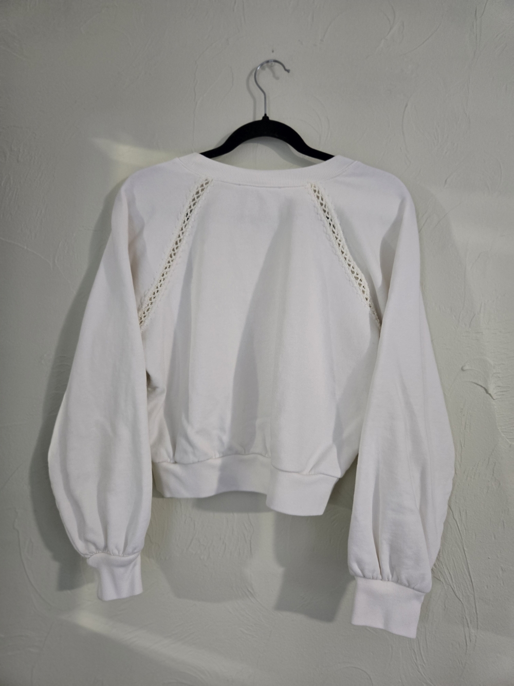 AllSaints White Cropped Sweatshirt with Crochet Shoulder Detailing - Picture 2 of 10